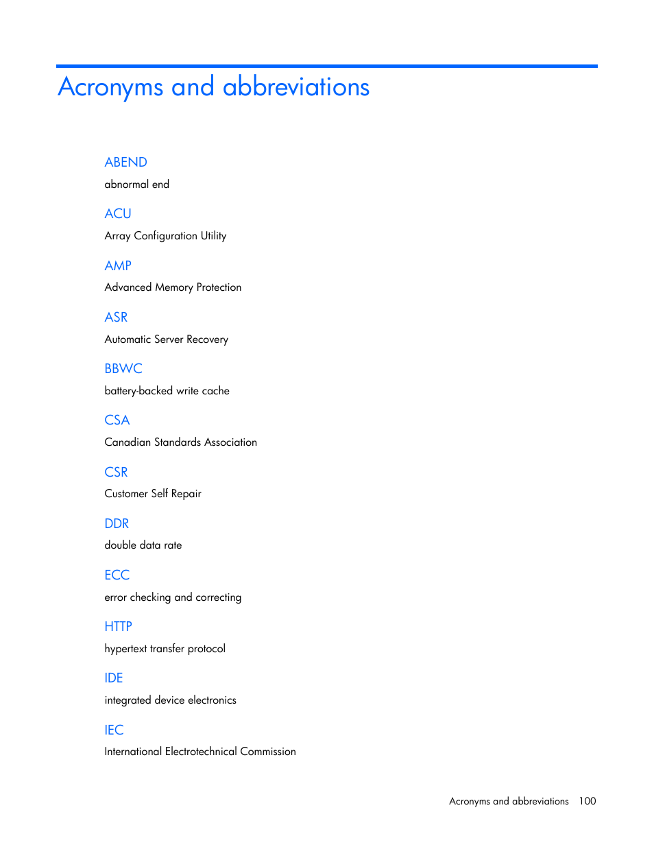 Acronyms and abbreviations | HP ProLiant DL385 G6 Server User Manual | Page 100 / 106