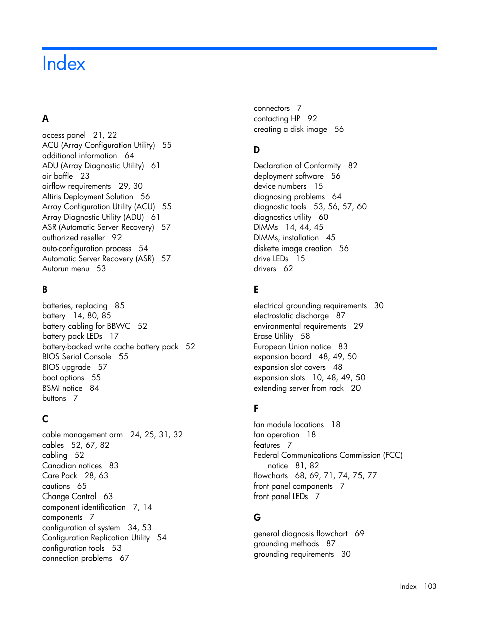 Index | HP ProLiant DL385 G6 Server User Manual | Page 103 / 106