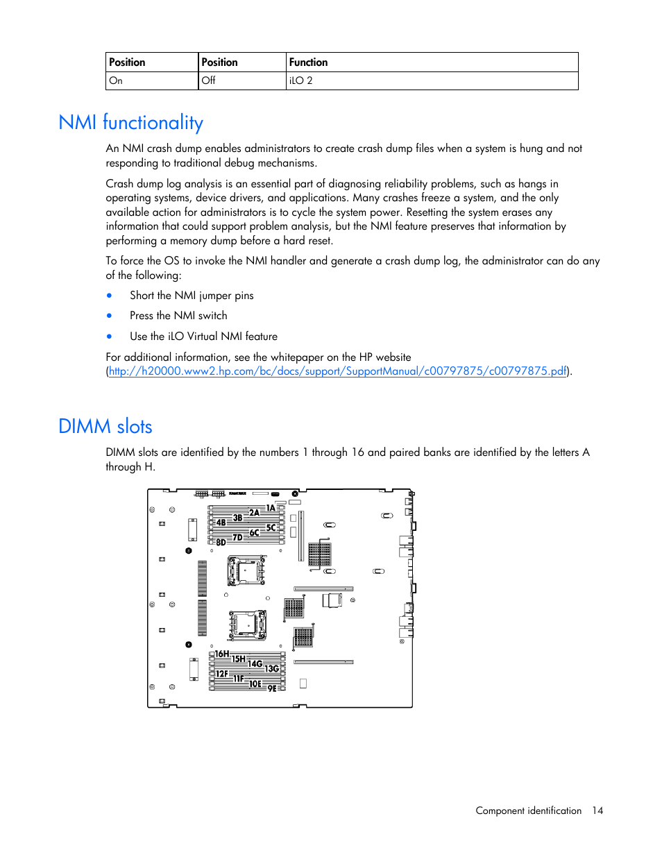 Nmi functionality, Dimm slots | HP ProLiant DL385 G6 Server User Manual | Page 14 / 106