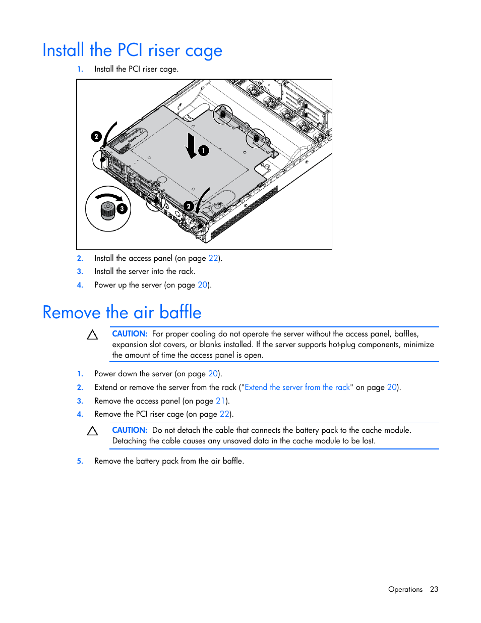 Install the pci riser cage, Remove the air baffle | HP ProLiant DL385 G6 Server User Manual | Page 23 / 106