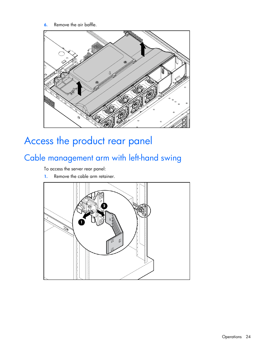 Access the product rear panel, Cable management arm with left-hand swing | HP ProLiant DL385 G6 Server User Manual | Page 24 / 106