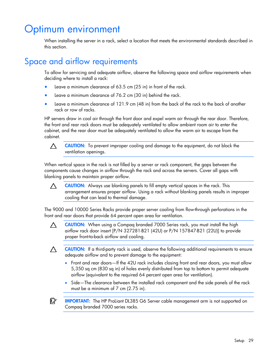 Optimum environment, Space and airflow requirements | HP ProLiant DL385 G6 Server User Manual | Page 29 / 106