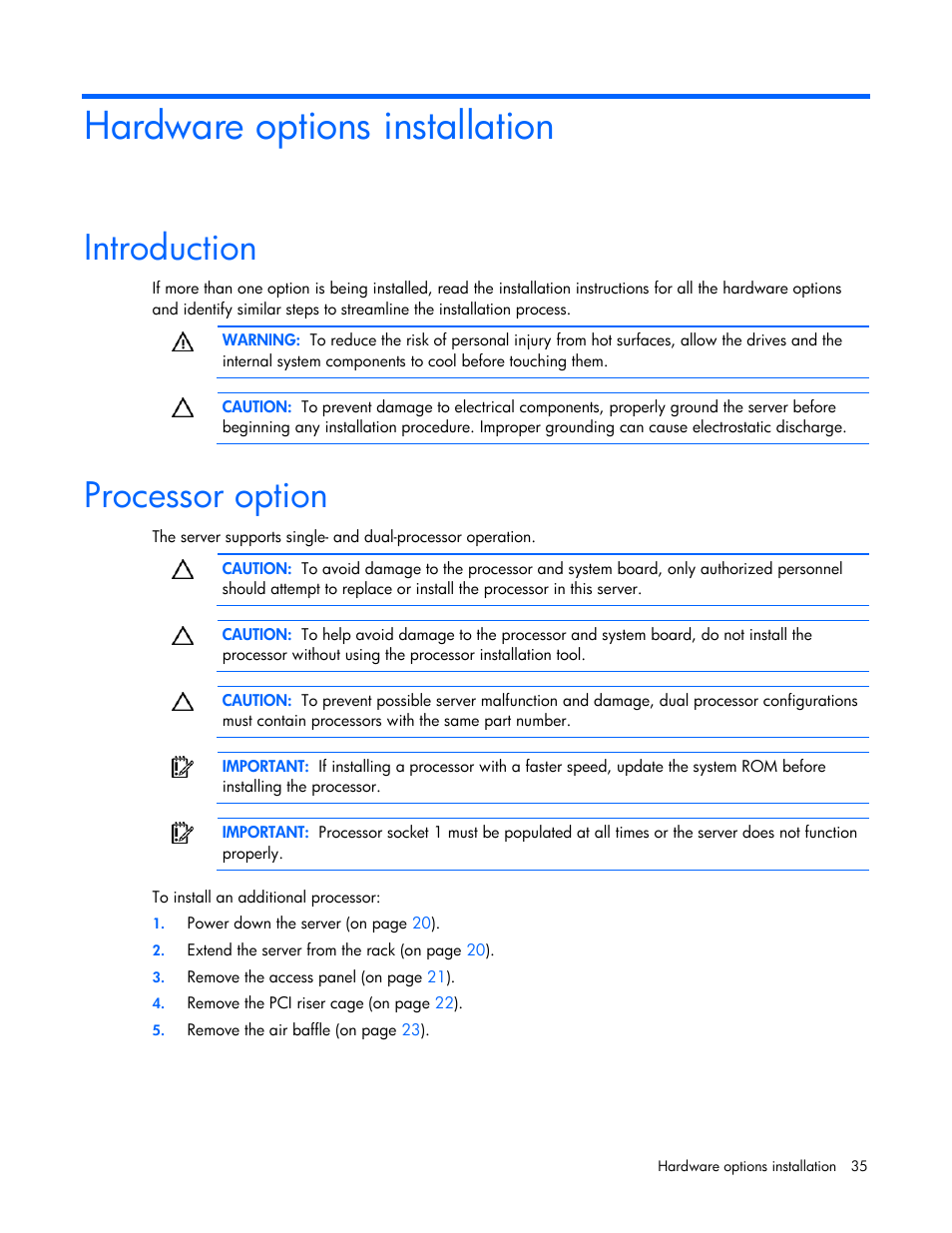 Hardware options installation, Introduction, Processor option | HP ProLiant DL385 G6 Server User Manual | Page 35 / 106