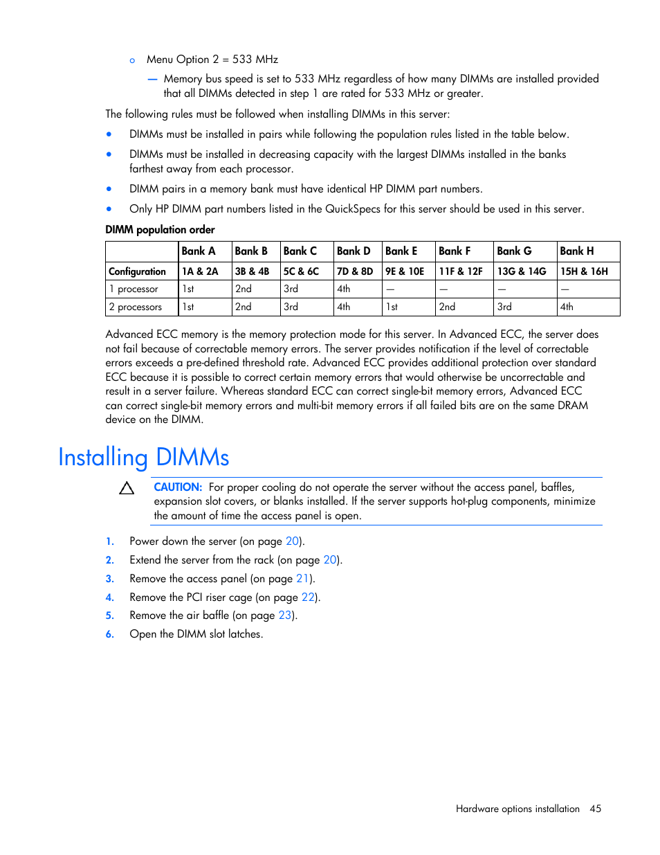 Installing dimms | HP ProLiant DL385 G6 Server User Manual | Page 45 / 106