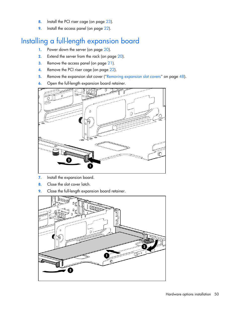 Installing a full-length expansion board | HP ProLiant DL385 G6 Server User Manual | Page 50 / 106