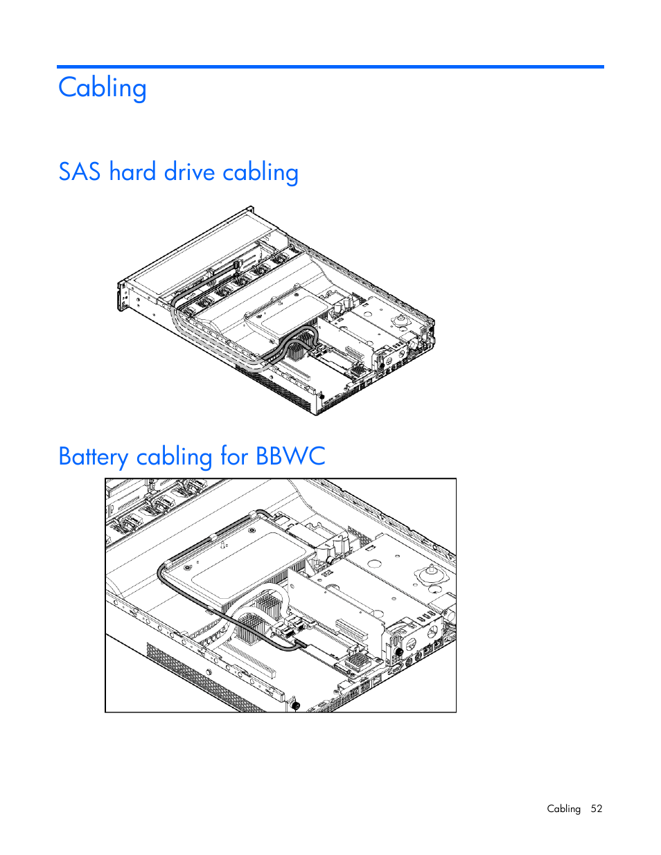 Cabling, Sas hard drive cabling, Battery cabling for bbwc | HP ProLiant DL385 G6 Server User Manual | Page 52 / 106