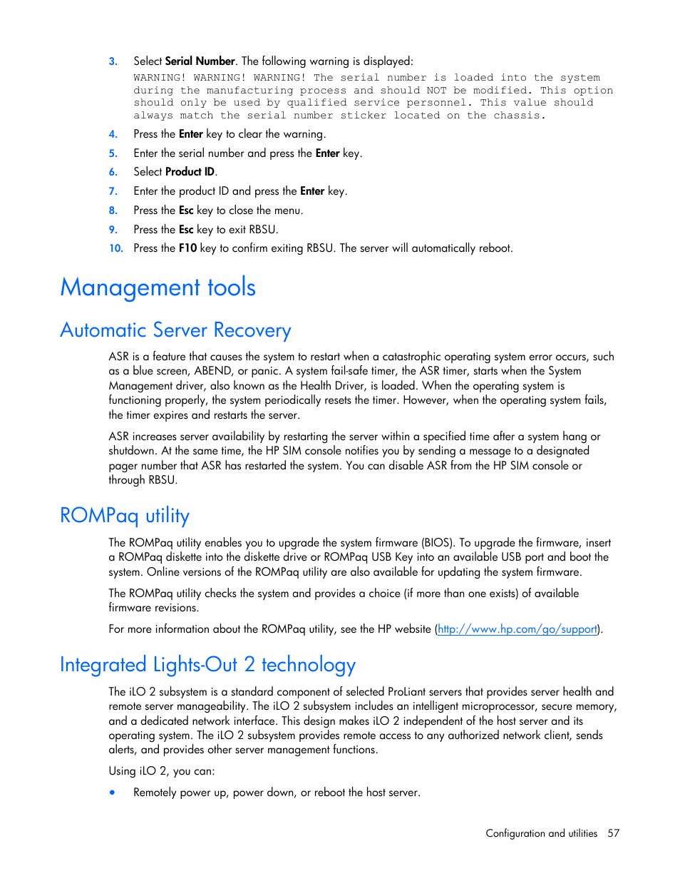 Management tools, Automatic server recovery, Rompaq utility | Integrated lights-out 2 technology | HP ProLiant DL385 G6 Server User Manual | Page 57 / 106