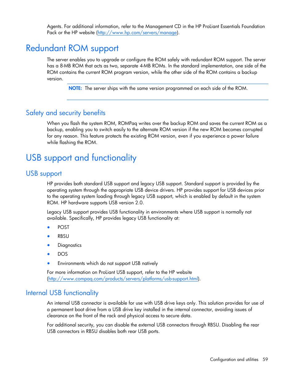 Redundant rom support, Safety and security benefits, Usb support and functionality | Usb support, Internal usb functionality | HP ProLiant DL385 G6 Server User Manual | Page 59 / 106