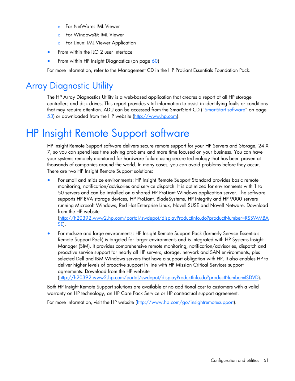 Array diagnostic utility, Hp insight remote support software | HP ProLiant DL385 G6 Server User Manual | Page 61 / 106