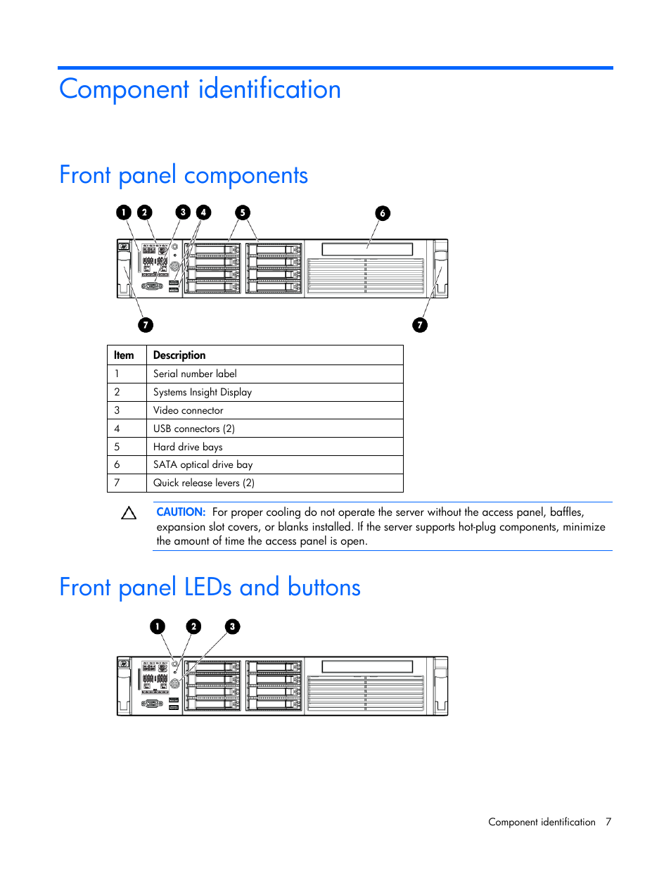 Component identification, Front panel components, Front panel leds and buttons | HP ProLiant DL385 G6 Server User Manual | Page 7 / 106