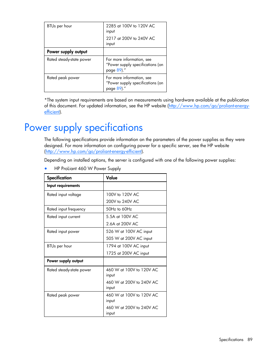 Power supply specifications | HP ProLiant DL385 G6 Server User Manual | Page 89 / 106