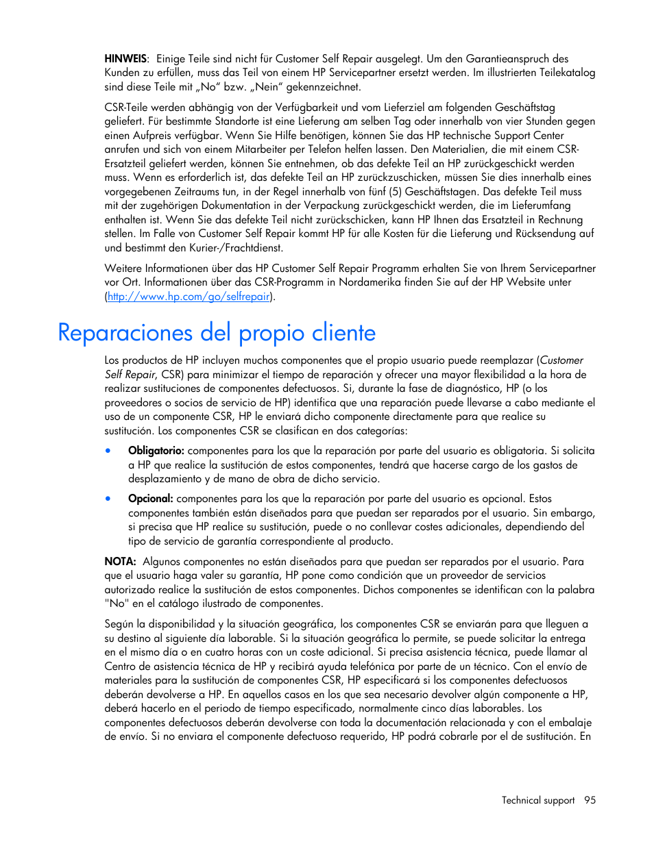 Reparaciones del propio cliente | HP ProLiant DL385 G6 Server User Manual | Page 95 / 106