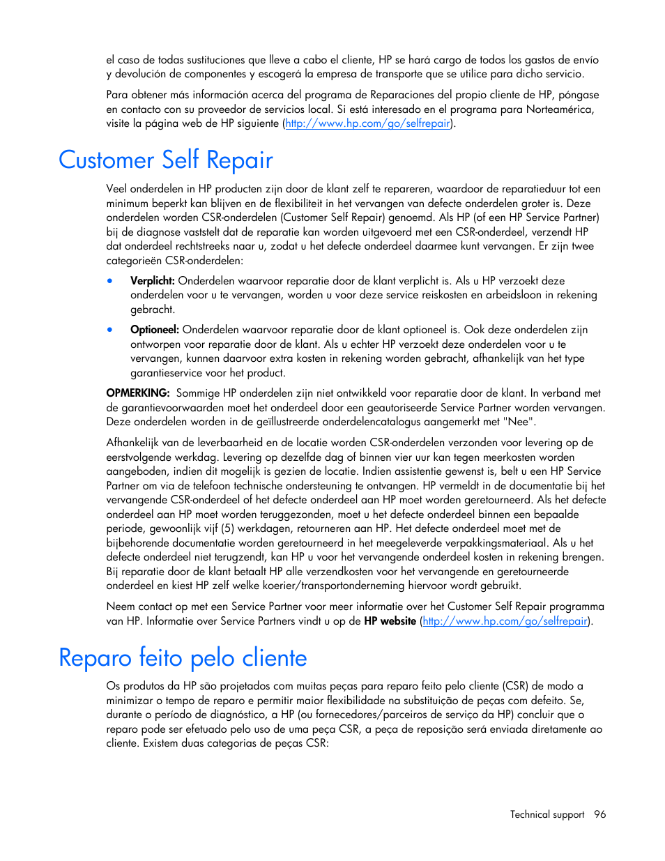 Customer self repair, Reparo feito pelo cliente | HP ProLiant DL385 G6 Server User Manual | Page 96 / 106