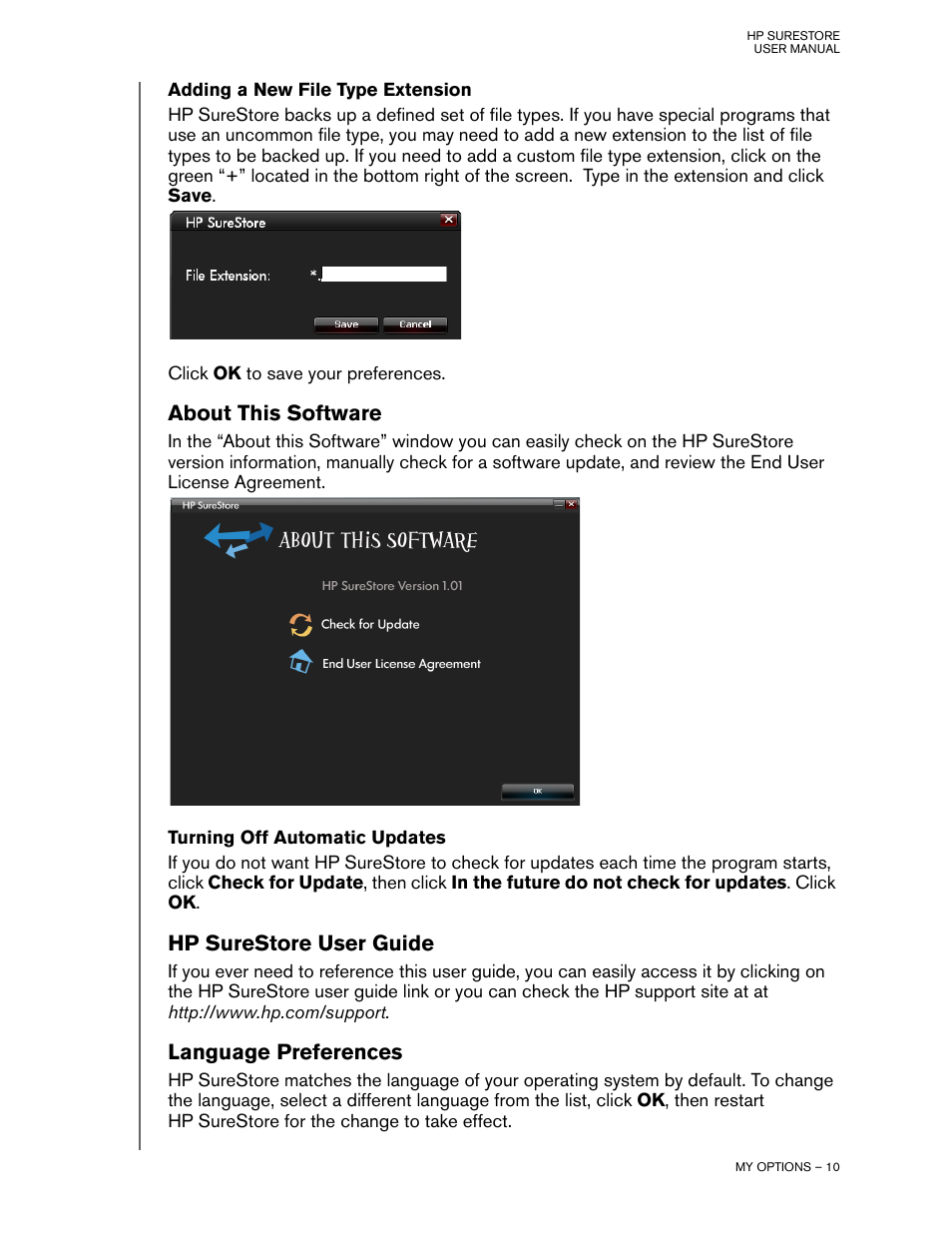 Adding a new file type extension, About this software, Turning off automatic updates | Hp surestore user guide, Language preferences | HP HD4000 Personal Media Drive User Manual | Page 13 / 14