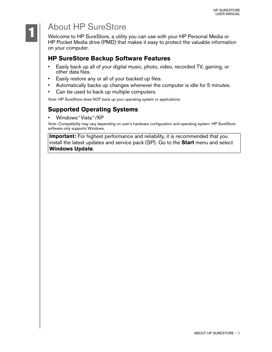 About hp surestore, Hp surestore backup software features, Supported operating systems | HP HD4000 Personal Media Drive User Manual | Page 4 / 14