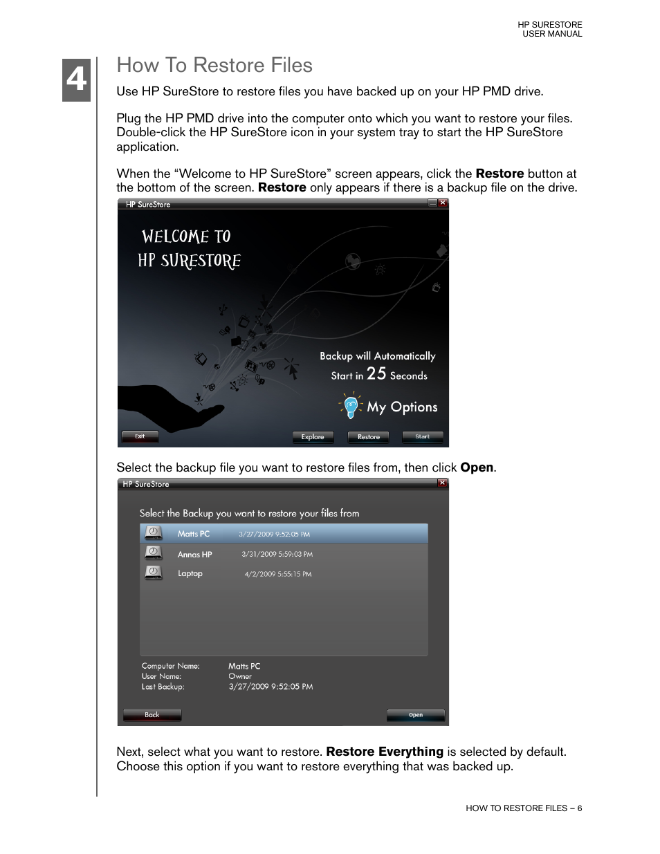 How to restore files | HP HD4000 Personal Media Drive User Manual | Page 9 / 14