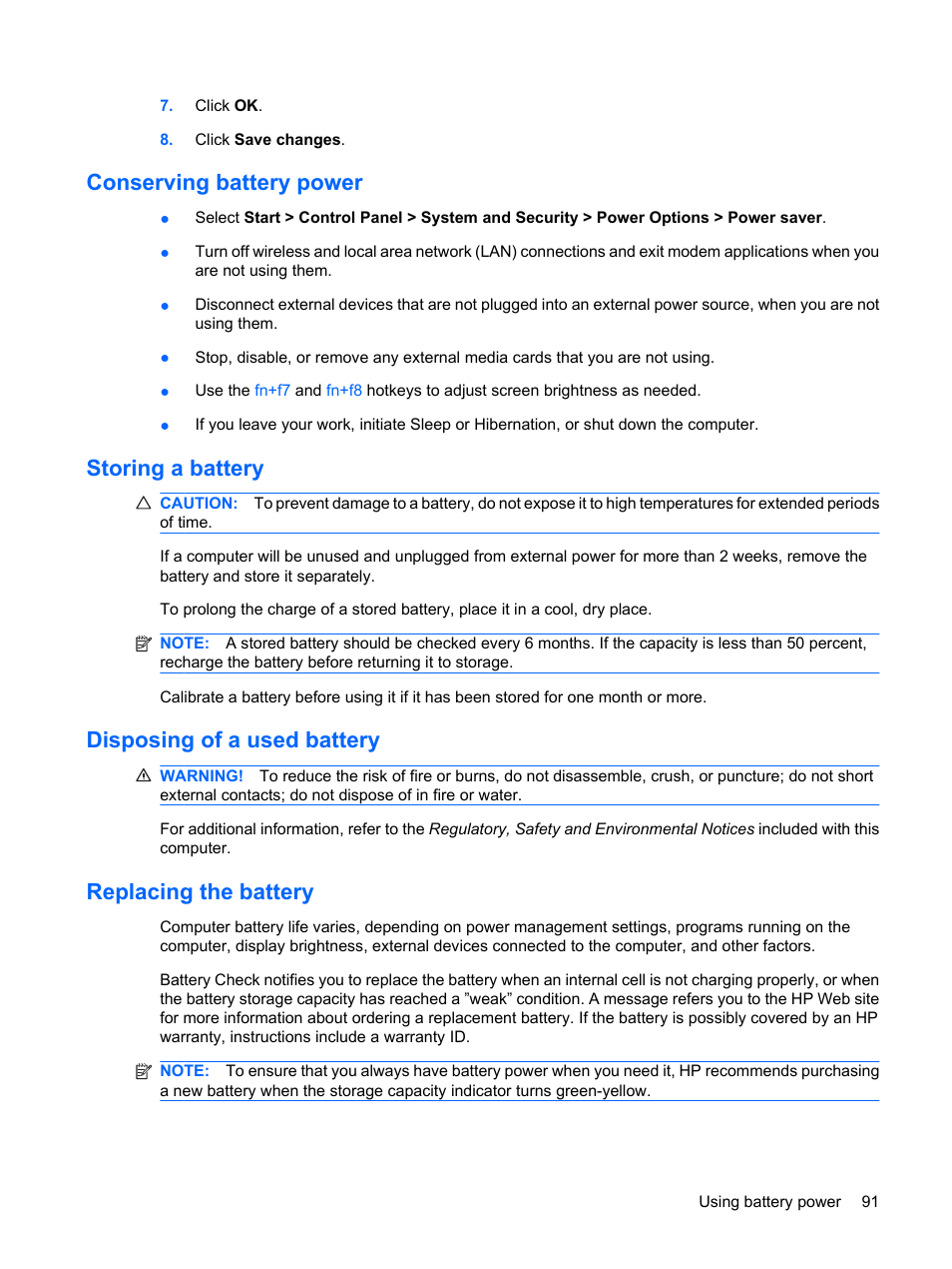 Conserving battery power, Storing a battery, Disposing of a used battery | Replacing the battery | HP Pavilion dv4-2116tx Entertainment Notebook PC User Manual | Page 103 / 167