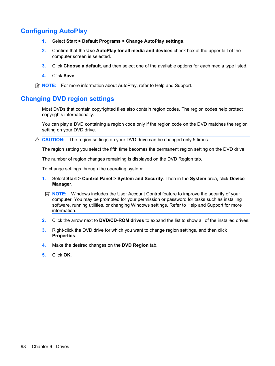 Configuring autoplay, Changing dvd region settings, Configuring autoplay changing dvd region settings | HP Pavilion dv4-2116tx Entertainment Notebook PC User Manual | Page 110 / 167