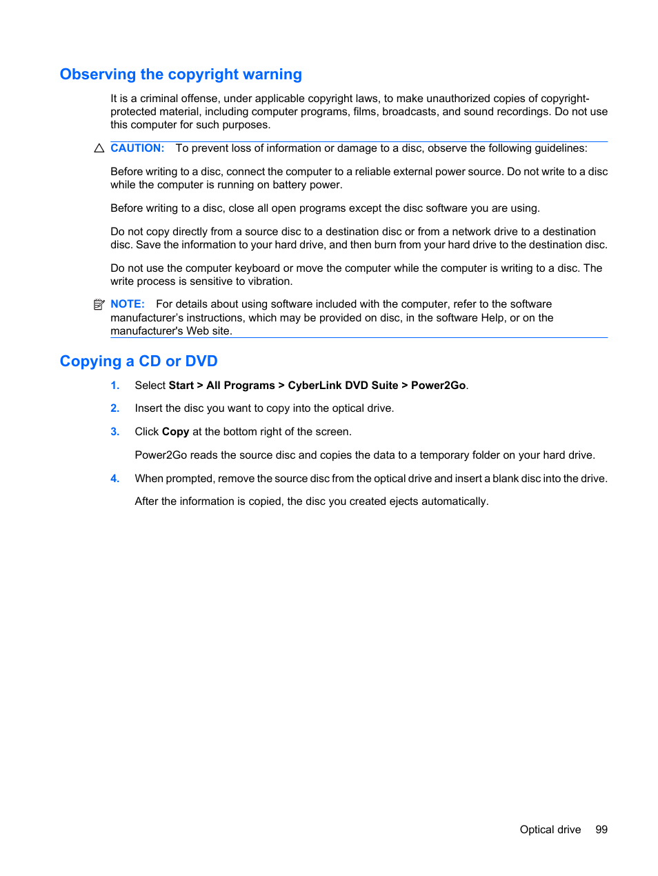 Observing the copyright warning, Copying a cd or dvd | HP Pavilion dv4-2116tx Entertainment Notebook PC User Manual | Page 111 / 167