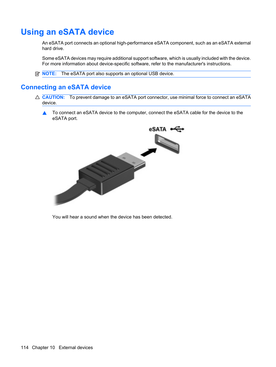 Using an esata device, Connecting an esata device | HP Pavilion dv4-2116tx Entertainment Notebook PC User Manual | Page 126 / 167