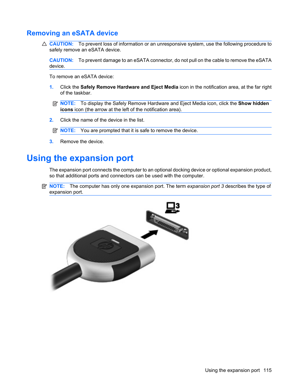 Removing an esata device, Using the expansion port | HP Pavilion dv4-2116tx Entertainment Notebook PC User Manual | Page 127 / 167