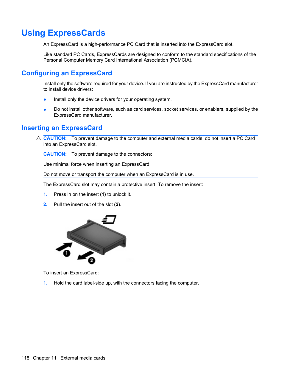 Using expresscards, Configuring an expresscard, Inserting an expresscard | HP Pavilion dv4-2116tx Entertainment Notebook PC User Manual | Page 130 / 167