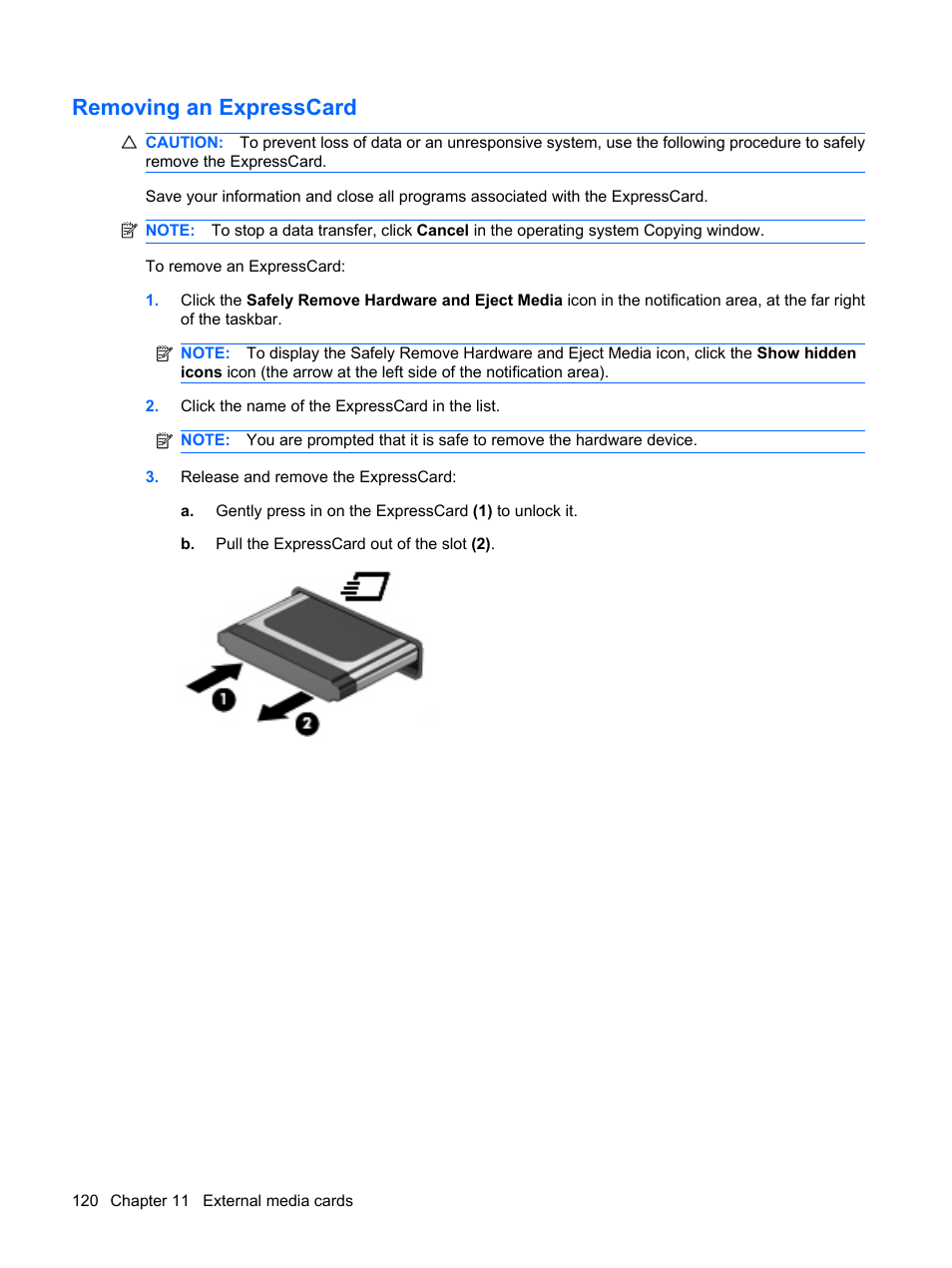 Removing an expresscard | HP Pavilion dv4-2116tx Entertainment Notebook PC User Manual | Page 132 / 167