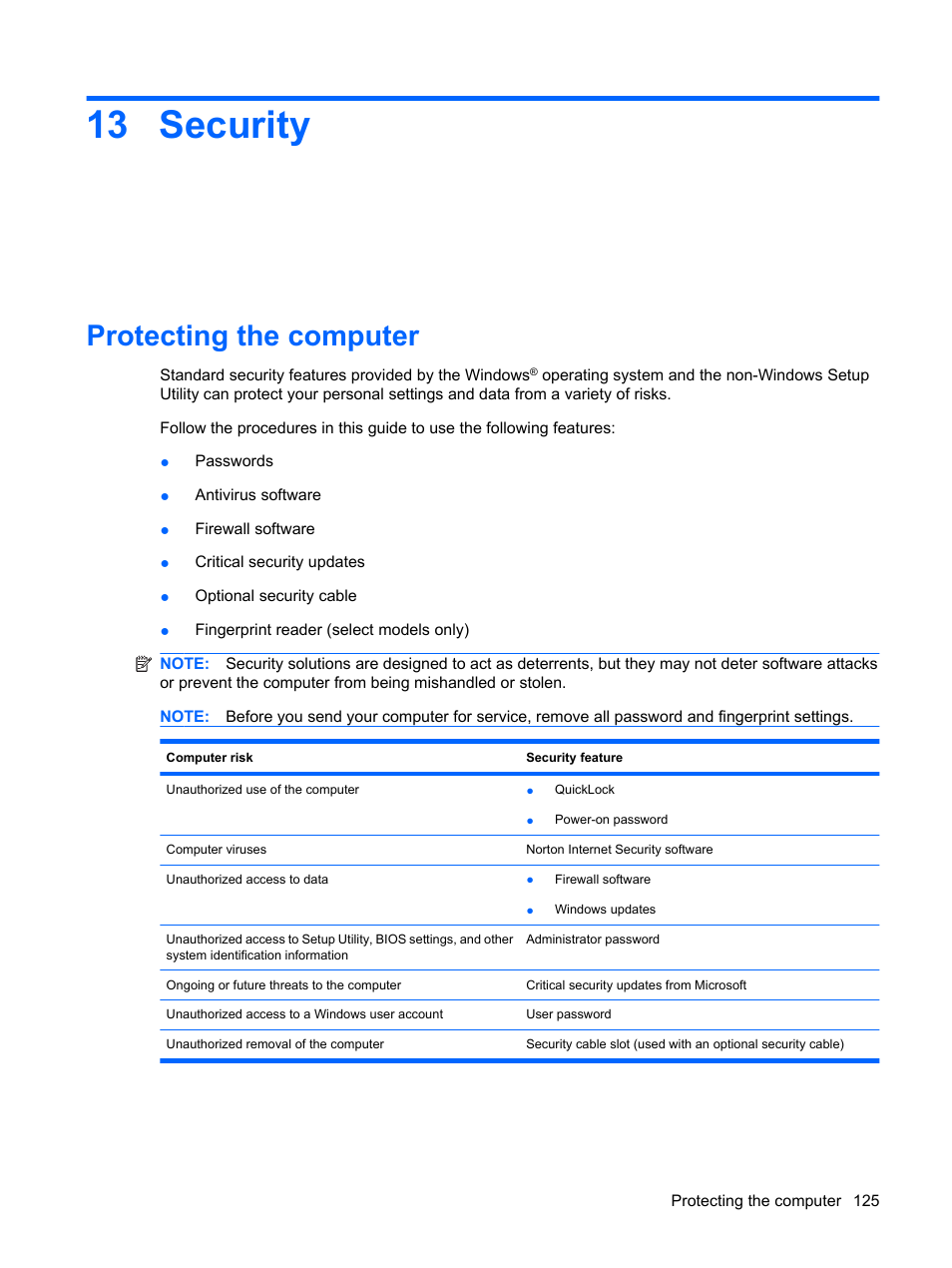 Security, Protecting the computer, 13 security | HP Pavilion dv4-2116tx Entertainment Notebook PC User Manual | Page 137 / 167