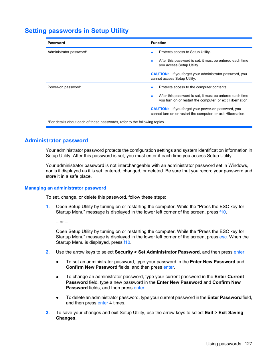 Setting passwords in setup utility, Administrator password, Managing an administrator password | HP Pavilion dv4-2116tx Entertainment Notebook PC User Manual | Page 139 / 167