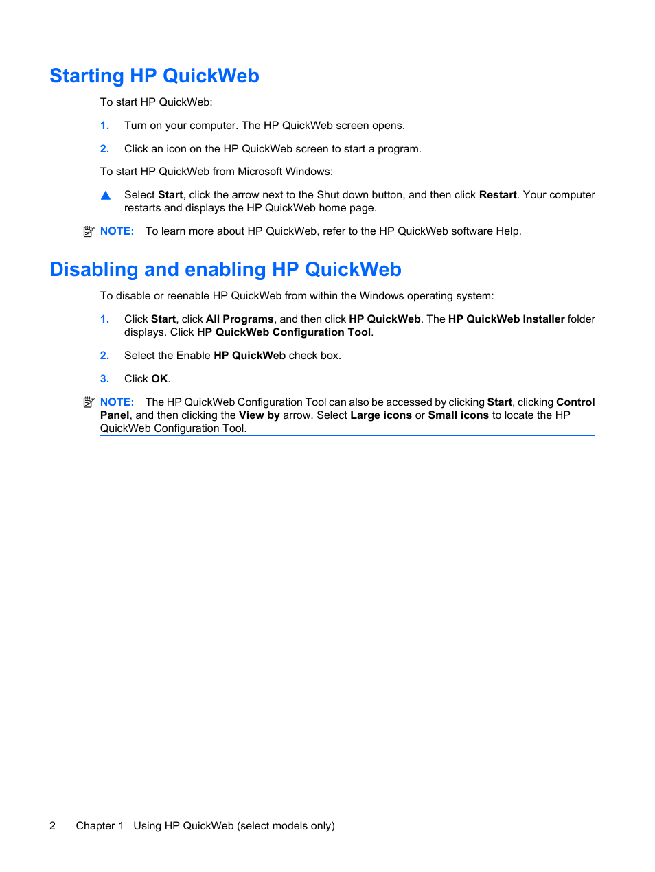 Starting hp quickweb, Disabling and enabling hp quickweb | HP Pavilion dv4-2116tx Entertainment Notebook PC User Manual | Page 14 / 167