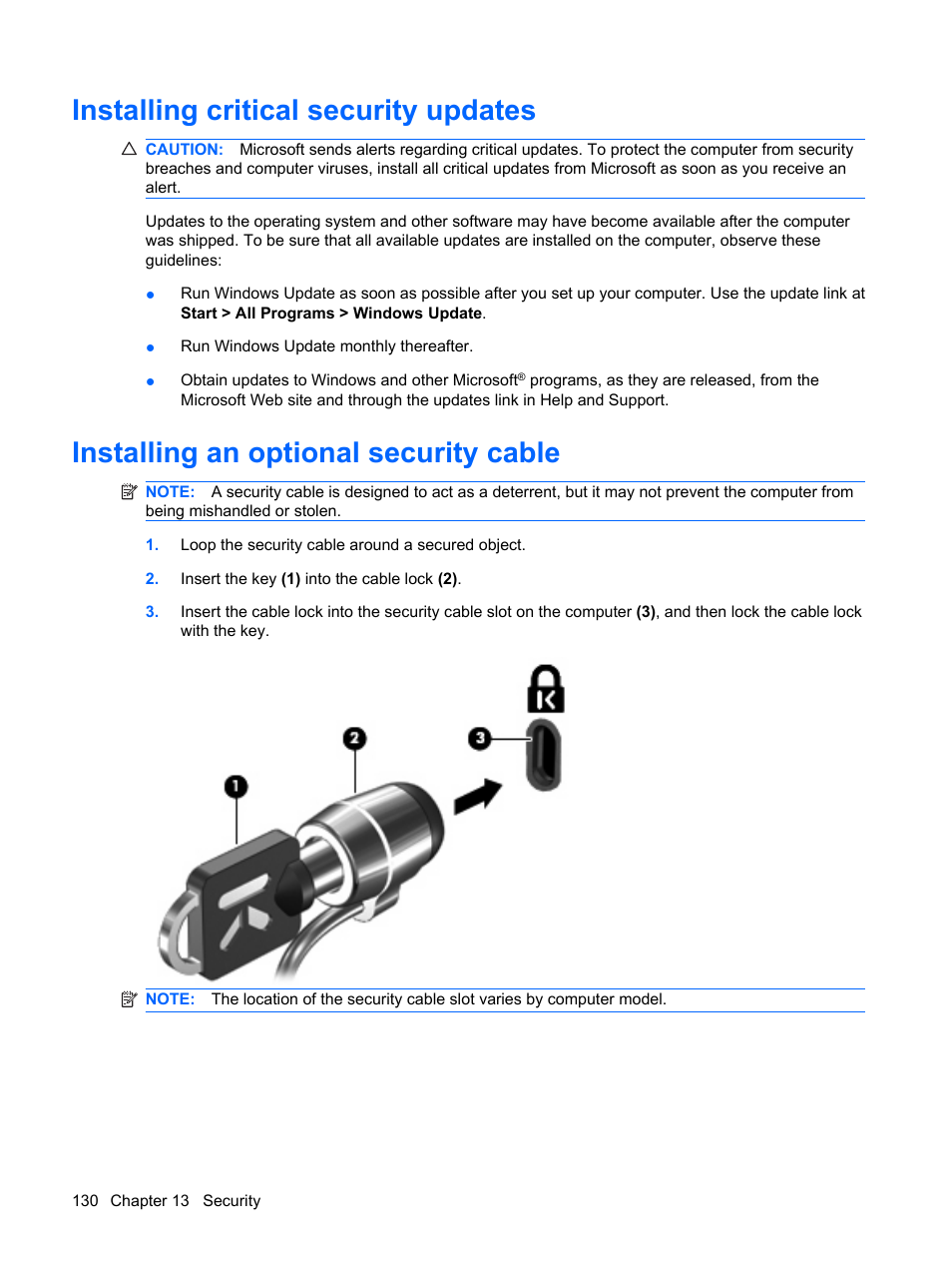 Installing critical security updates, Installing an optional security cable | HP Pavilion dv4-2116tx Entertainment Notebook PC User Manual | Page 142 / 167