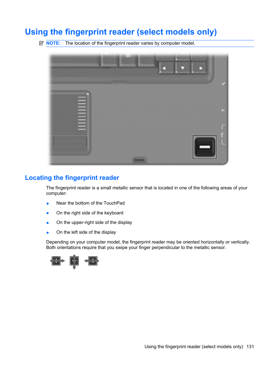 Using the fingerprint reader (select models only), Locating the fingerprint reader | HP Pavilion dv4-2116tx Entertainment Notebook PC User Manual | Page 143 / 167