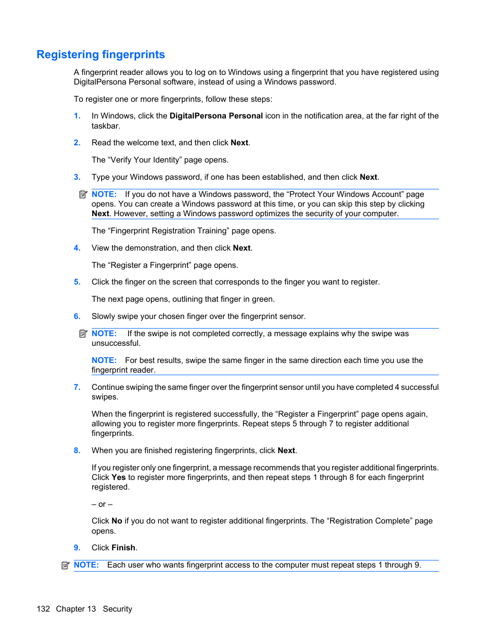 Registering fingerprints | HP Pavilion dv4-2116tx Entertainment Notebook PC User Manual | Page 144 / 167