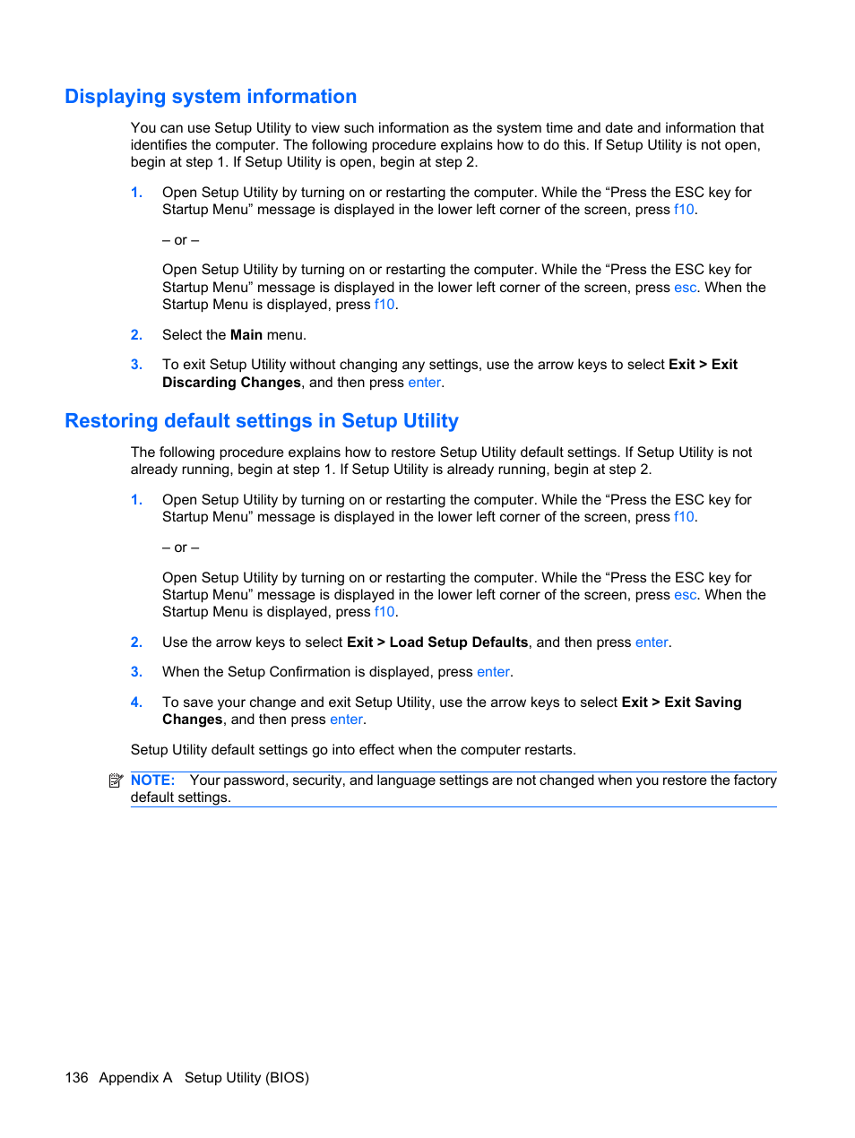 Displaying system information, Restoring default settings in setup utility | HP Pavilion dv4-2116tx Entertainment Notebook PC User Manual | Page 148 / 167