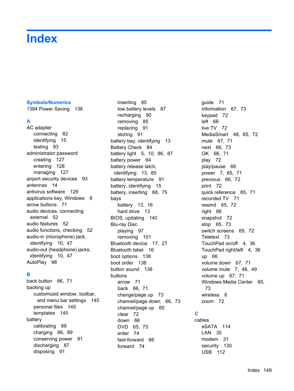 Index | HP Pavilion dv4-2116tx Entertainment Notebook PC User Manual | Page 161 / 167