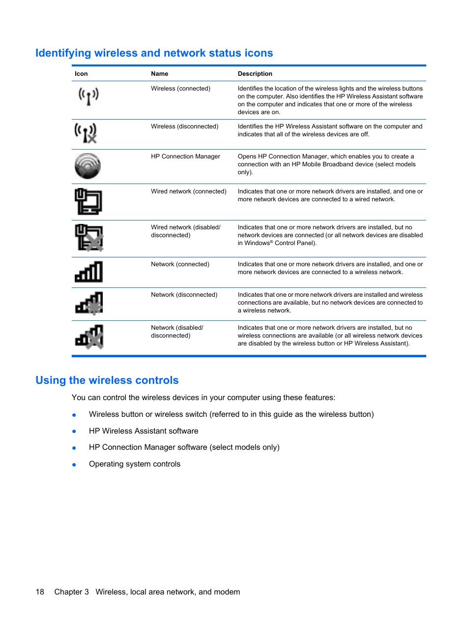 Identifying wireless and network status icons, Using the wireless controls | HP Pavilion dv4-2116tx Entertainment Notebook PC User Manual | Page 30 / 167