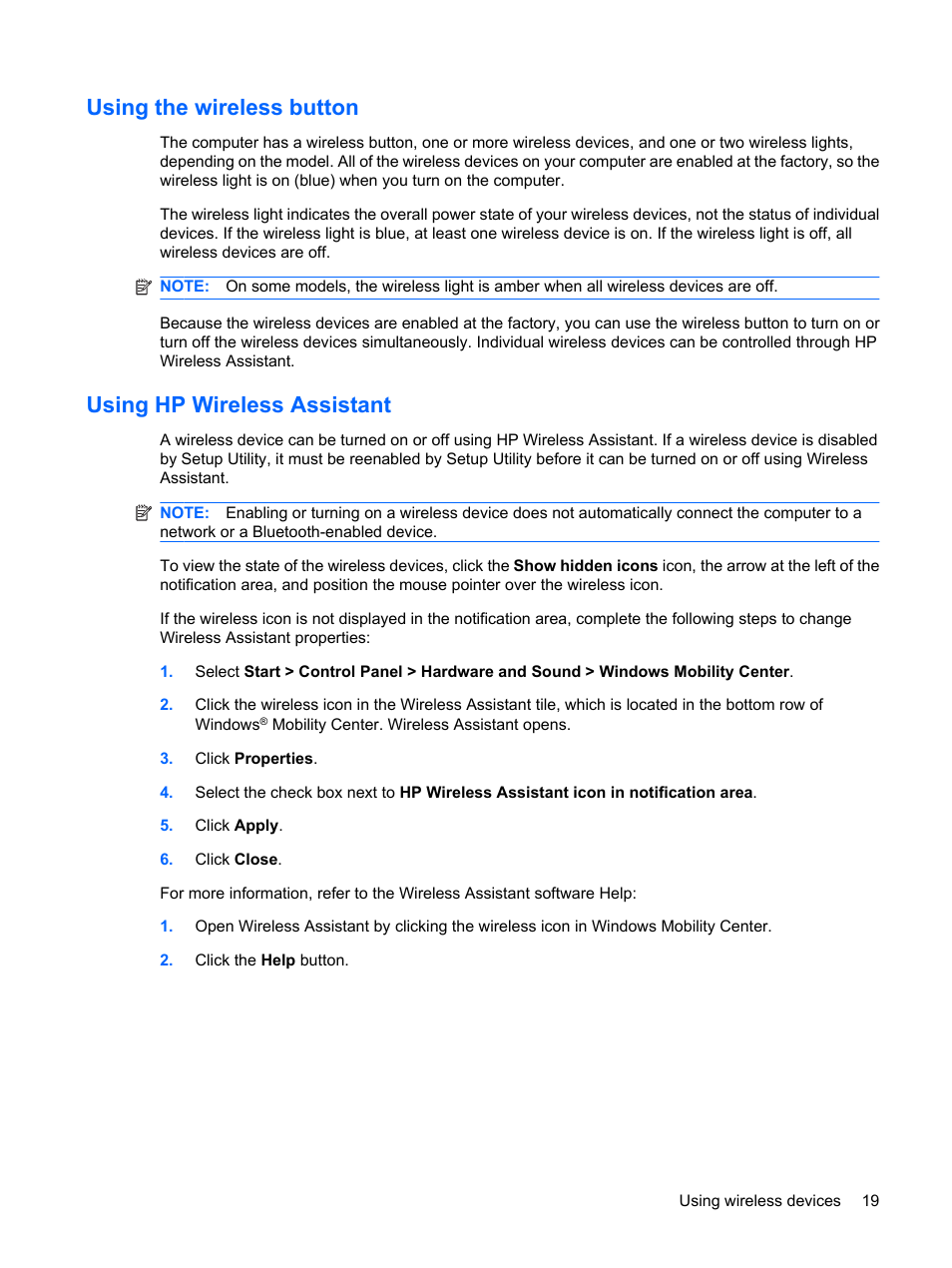 Using the wireless button, Using hp wireless assistant | HP Pavilion dv4-2116tx Entertainment Notebook PC User Manual | Page 31 / 167