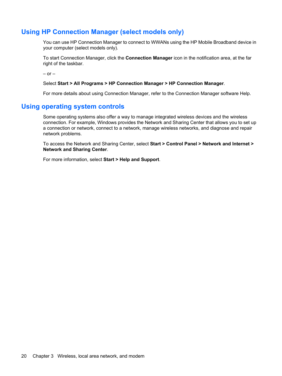 Using hp connection manager (select models only), Using operating system controls | HP Pavilion dv4-2116tx Entertainment Notebook PC User Manual | Page 32 / 167
