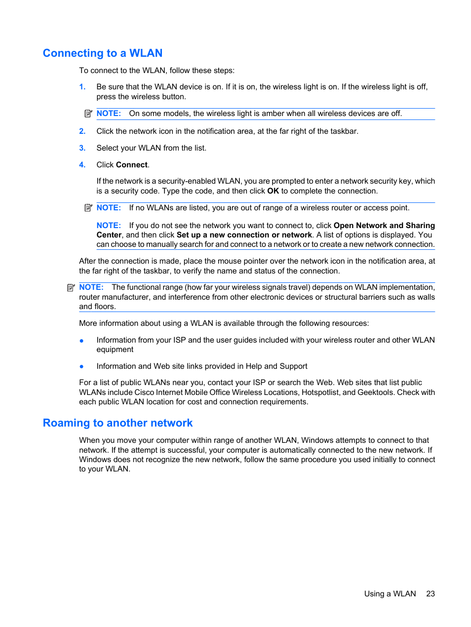 Connecting to a wlan, Roaming to another network | HP Pavilion dv4-2116tx Entertainment Notebook PC User Manual | Page 35 / 167