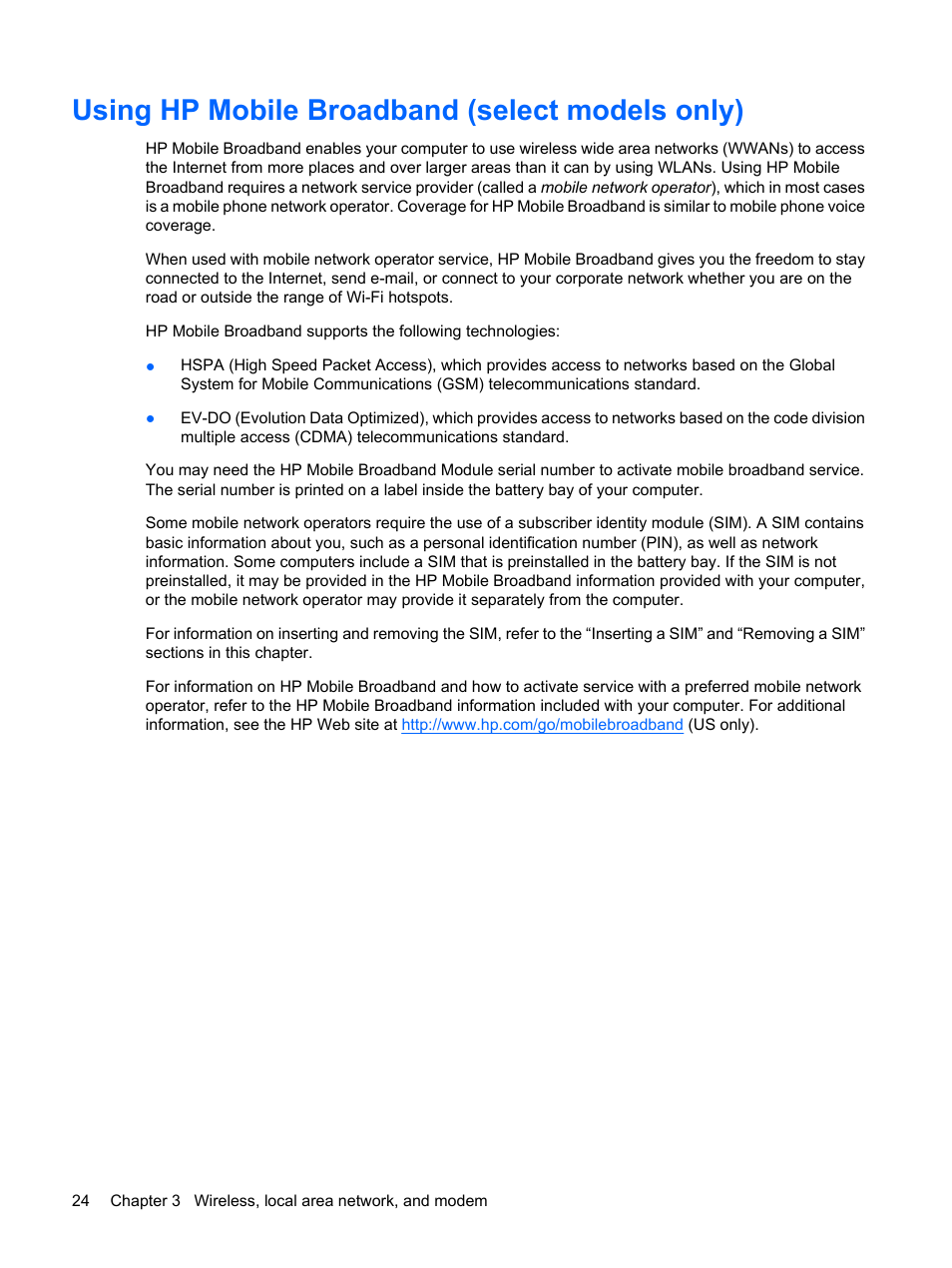 Using hp mobile broadband (select models only) | HP Pavilion dv4-2116tx Entertainment Notebook PC User Manual | Page 36 / 167