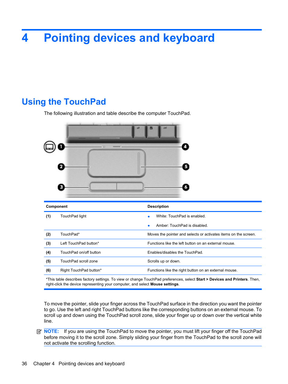 Pointing devices and keyboard, Using the touchpad, 4 pointing devices and keyboard | 4pointing devices and keyboard | HP Pavilion dv4-2116tx Entertainment Notebook PC User Manual | Page 48 / 167