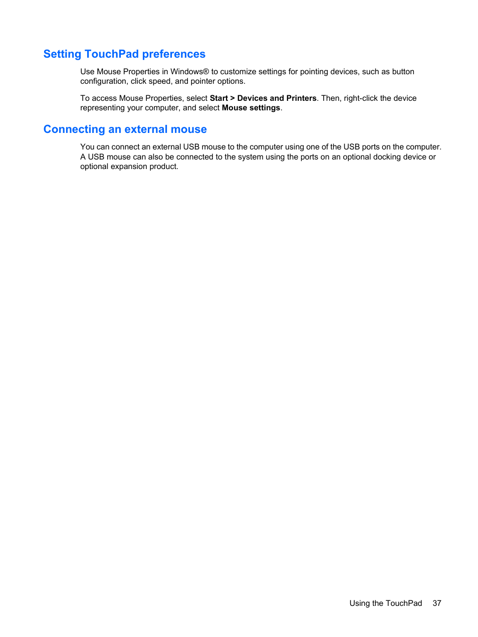 Setting touchpad preferences, Connecting an external mouse | HP Pavilion dv4-2116tx Entertainment Notebook PC User Manual | Page 49 / 167