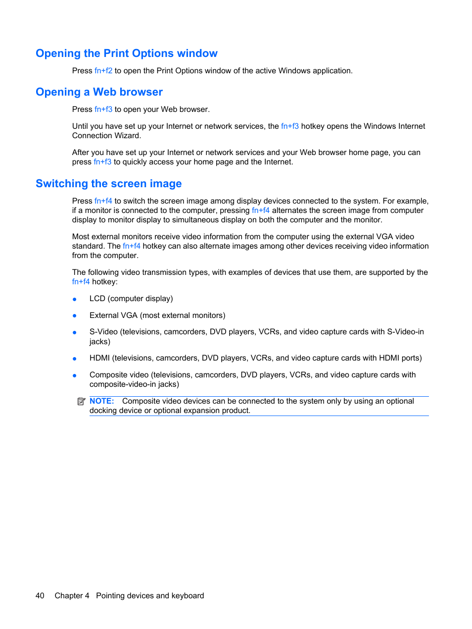 Opening the print options window, Opening a web browser, Switching the screen image | HP Pavilion dv4-2116tx Entertainment Notebook PC User Manual | Page 52 / 167
