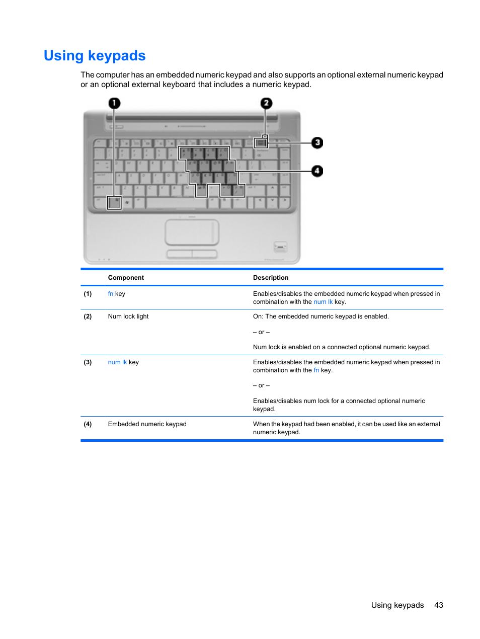 Using keypads | HP Pavilion dv4-2116tx Entertainment Notebook PC User Manual | Page 55 / 167