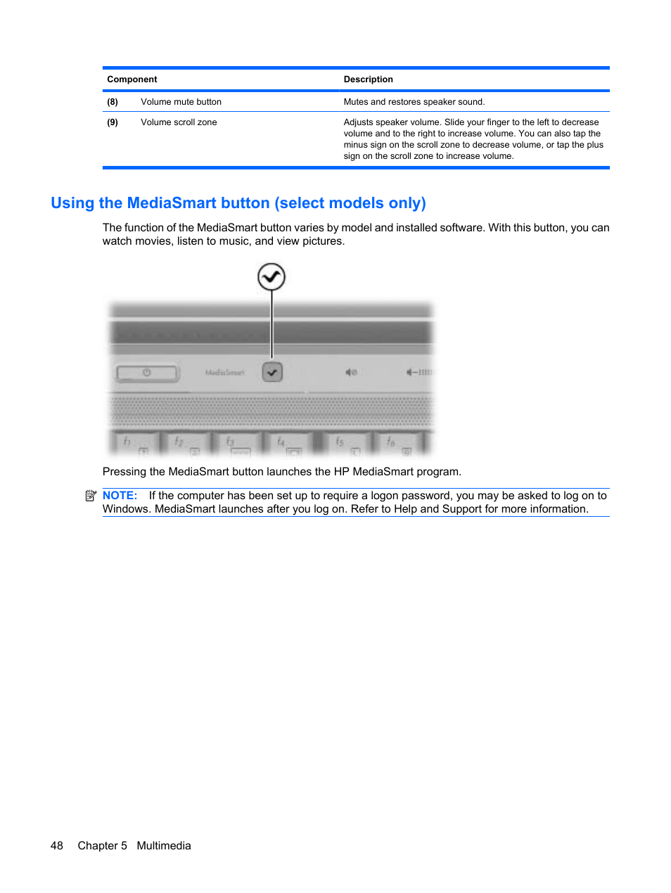 Using the mediasmart button (select models only) | HP Pavilion dv4-2116tx Entertainment Notebook PC User Manual | Page 60 / 167