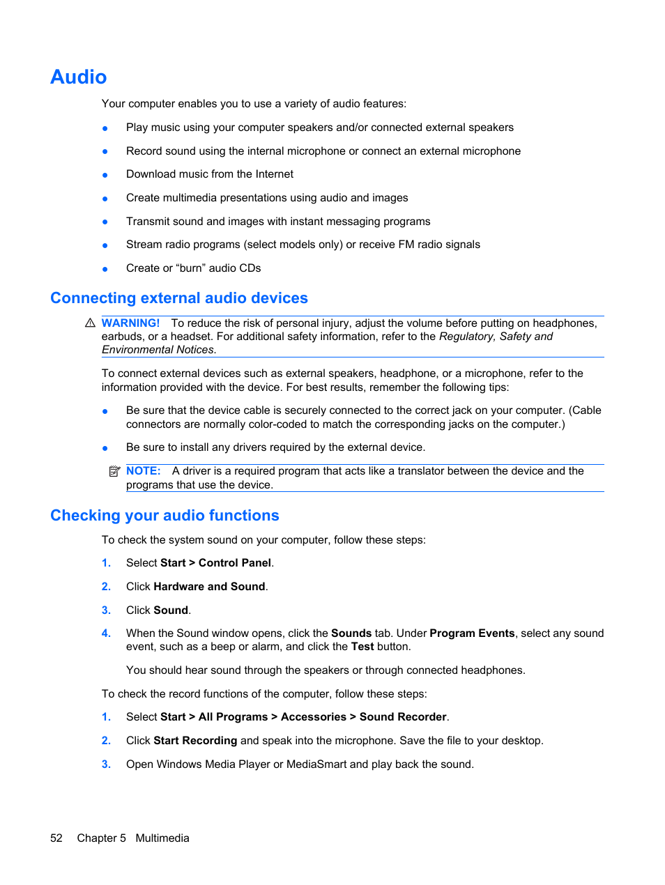 Audio, Connecting external audio devices, Checking your audio functions | HP Pavilion dv4-2116tx Entertainment Notebook PC User Manual | Page 64 / 167