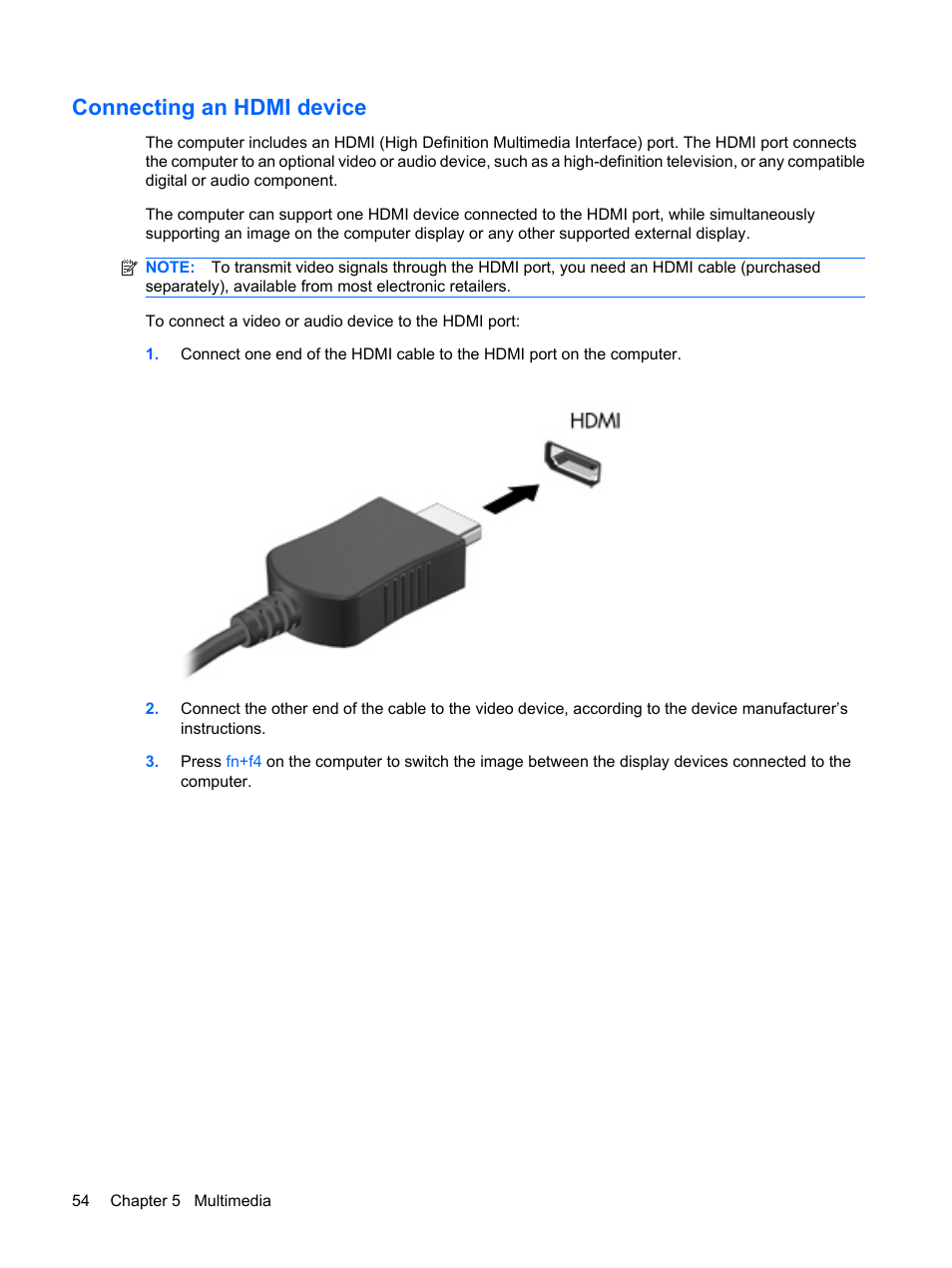 Connecting an hdmi device | HP Pavilion dv4-2116tx Entertainment Notebook PC User Manual | Page 66 / 167