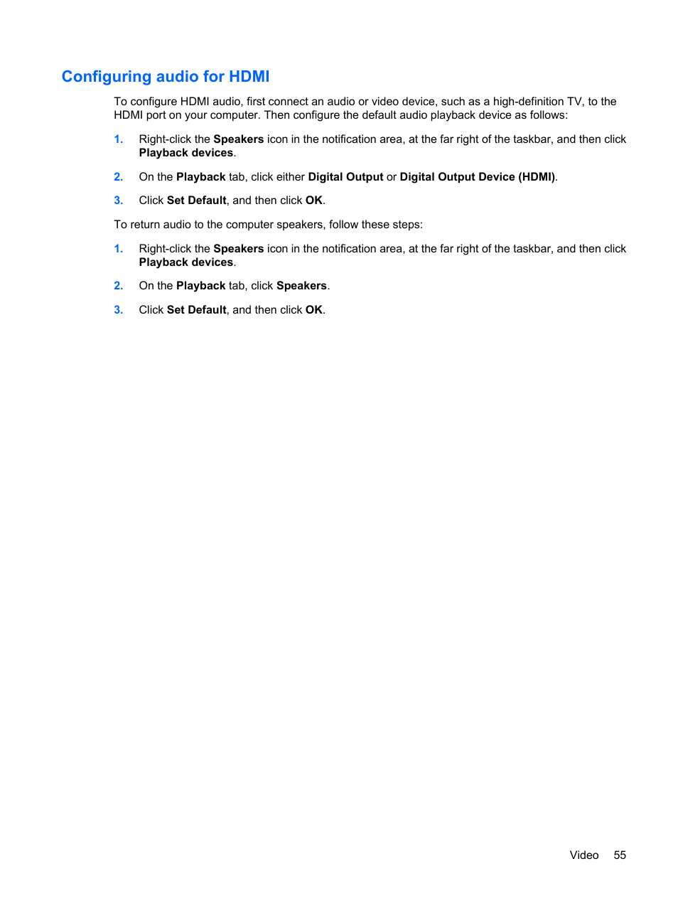 Configuring audio for hdmi | HP Pavilion dv4-2116tx Entertainment Notebook PC User Manual | Page 67 / 167
