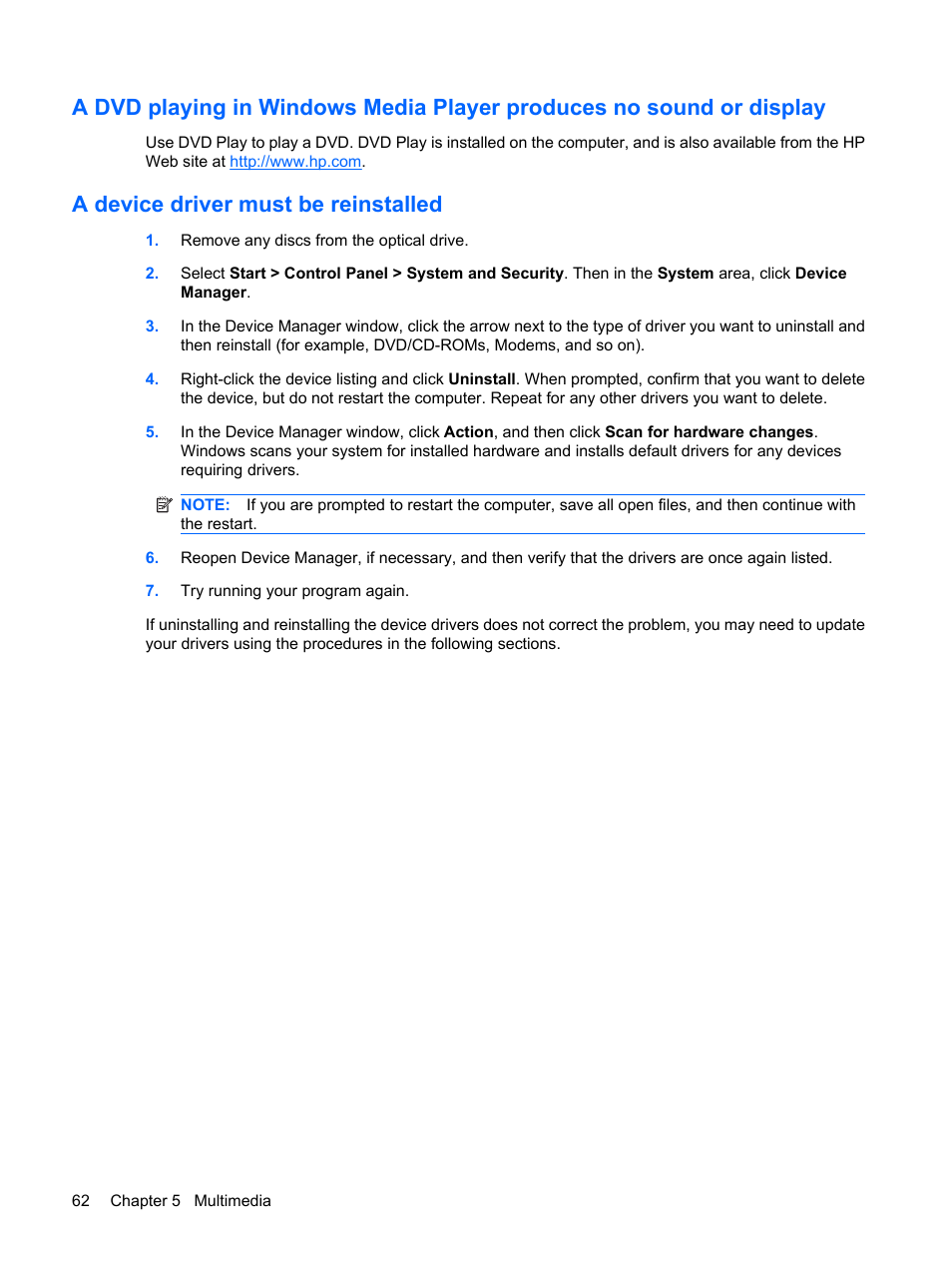 A device driver must be reinstalled | HP Pavilion dv4-2116tx Entertainment Notebook PC User Manual | Page 74 / 167