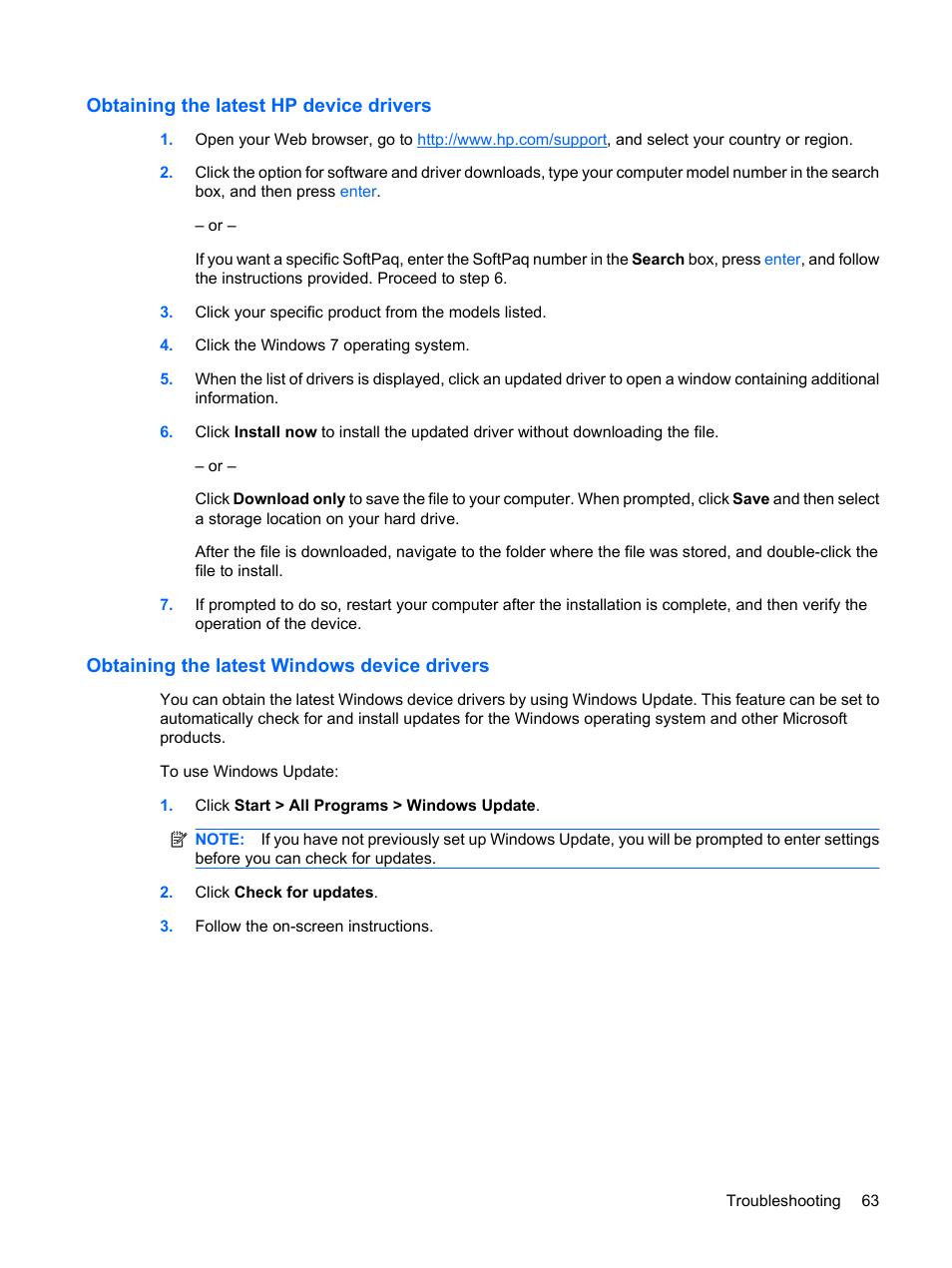 Obtaining the latest hp device drivers, Obtaining the latest windows device drivers | HP Pavilion dv4-2116tx Entertainment Notebook PC User Manual | Page 75 / 167